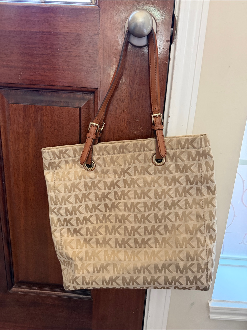 Michael Kors Beige Mk Logo Tote With Brown Leather Straps